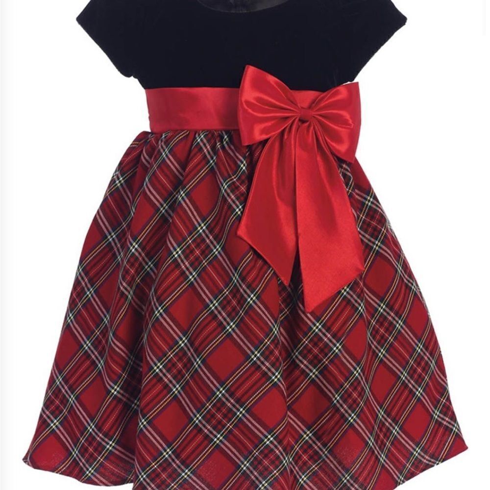 Swea Pea & Lilli C510 Velvet & Plaid Dress -Red Plaid Dress with Bow